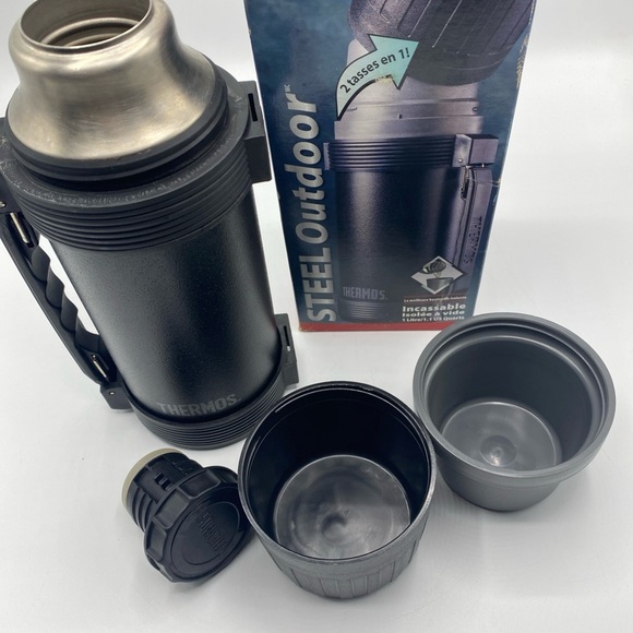 Thermos Vacuum Bottle Add A Cup Stainless Carry Handle Cup Screw Top Black 2816 - Picture 2 of 6